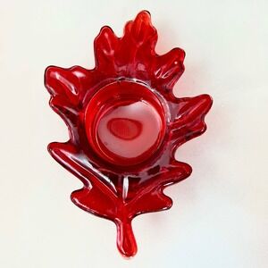 Greenbrier Fall Harvest Leaf Candle/Tea Light Holder Red Good Decor 5" x 3.75"
